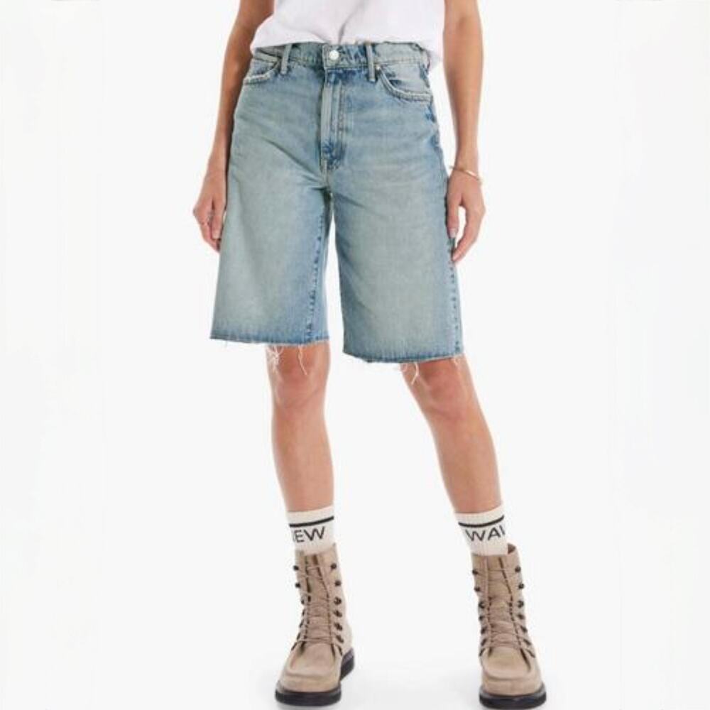 NWT MOTHER SUPERIOR Undercover Knee Fray Short -The Other Side - Blue Denim - 26